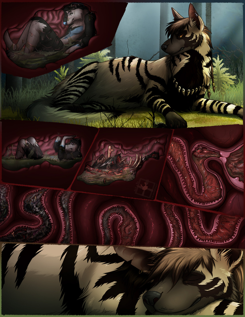 abdominal_bulge anthro belly bodily_fluids canid canine canis comic digestion digestion_sequence digital_media_(artwork) duo fatal_vore feral forest forest_background fur guts hair hi_res hyena internal intestines lemondeer male male/male mammal nature nature_background open_mouth oral_vore organs plant saliva size_difference smaller_male stomach striped_hyena teeth tree vore wolf