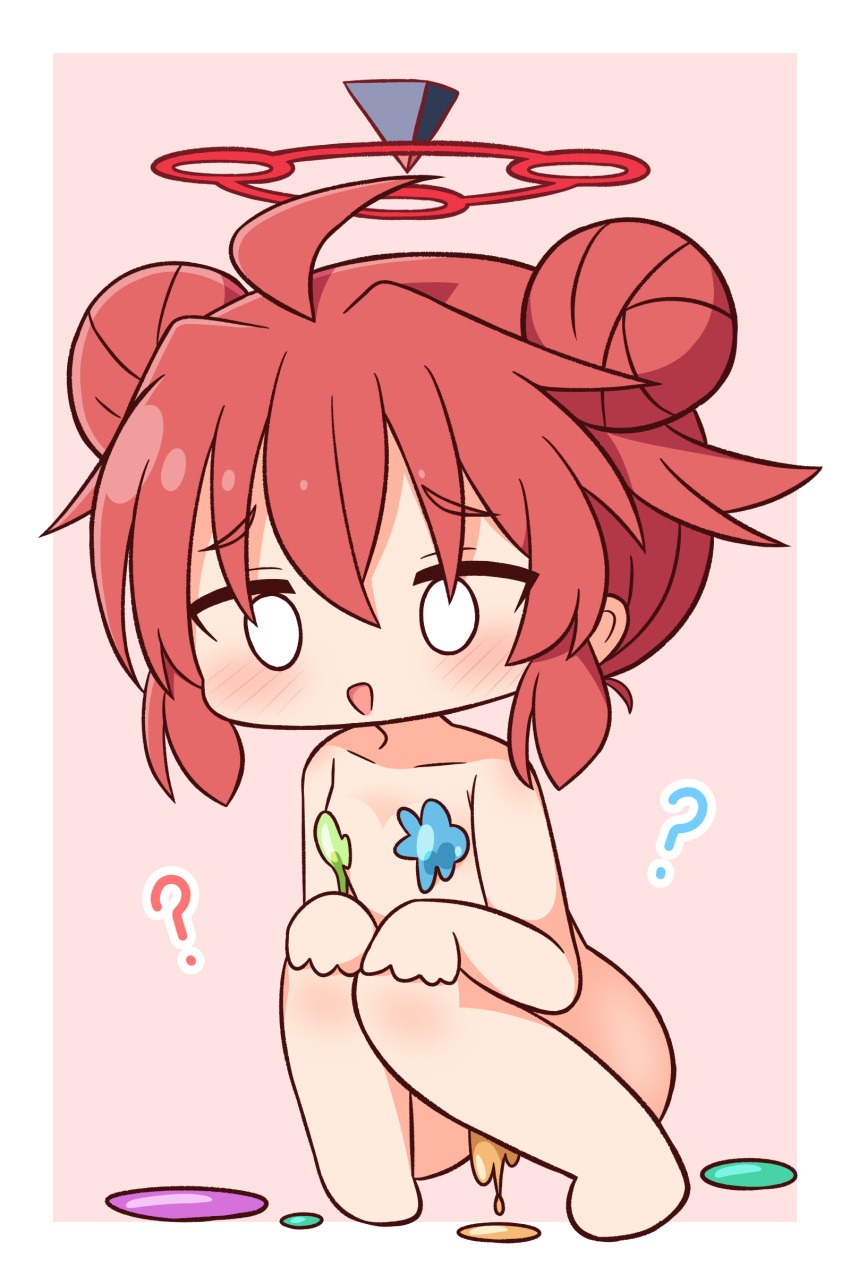 1girl :d ? absurdres ahoge barefoot blank_eyes blue_archive blush bodypaint breasts chibi collarbone double_bun full_body hair_between_eyes hair_bun halo hana_kazari hands_on_own_knees highres knees_together_feet_apart knees_up maki_(blue_archive) naked_paint paint_splatter pink_background red_hair sidelocks small_breasts smile solo squatting two-tone_background white_background