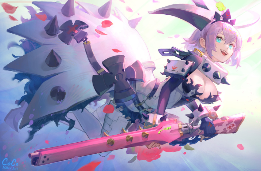 1girl absurdres ahoge aqua_eyes black_gloves blue_eyes bracelet breasts cleavage cleavage_cutout clothing_cutout clover collar dress elphelt_valentine fingerless_gloves flower four-leaf_clover gloves guilty_gear guilty_gear_xrd gun hairband highres holding holding_gun holding_weapon huge_ahoge jewelry large_breasts long_sleeves medium_hair mrstomachache open_mouth petals red_flower red_rose rose smile spiked_bracelet spiked_collar spiked_hairband spikes weapon wedding_dress white_dress white_hair