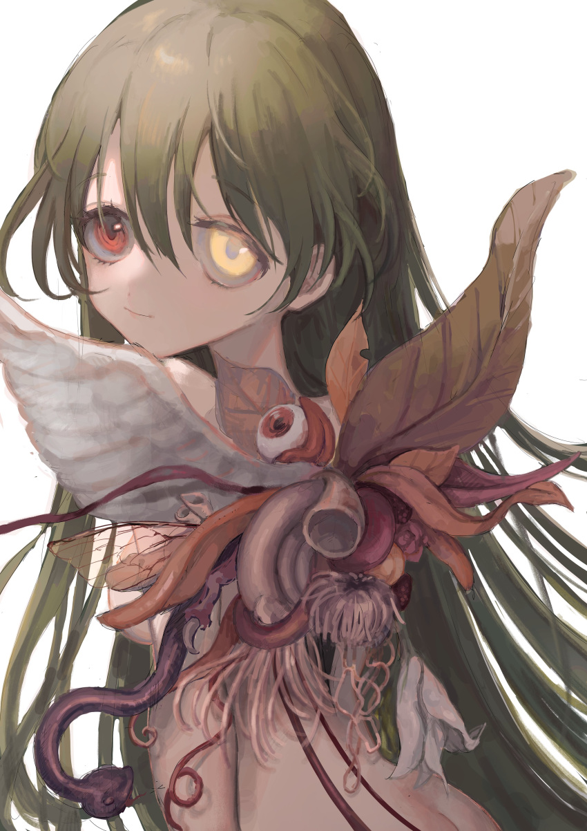 1girl absurdres body_horror breasts completely_nude eyeball feathered_wings flower_wings green_hair heterochromia highres insect_wings leaf_wings long_hair looking_at_viewer medium_breasts mismatched_wings nude plant_wings qqmzn red_eyes sayonara_wo_oshiete simple_background smile snake solo sugamo_mutsuki tendril tongue upper_body very_long_hair white_background white_wings wings yellow_eyes