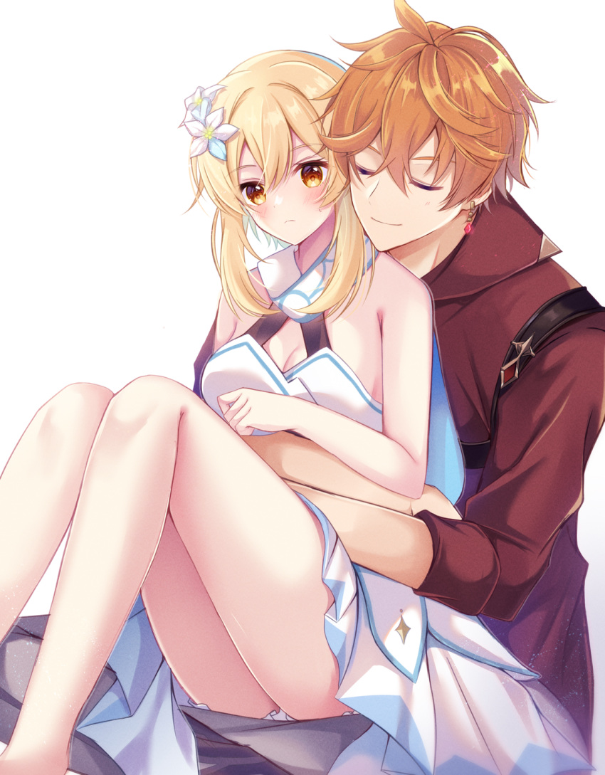 1boy 1girl ass bare_legs blonde_hair blush breasts closed_eyes closed_mouth dress earrings flower genshin_impact grey_pants hair_between_eyes hair_flower hair_ornament highres jewelry lumine_(genshin_impact) medium_breasts orange_hair pants red_shirt shirt single_earring sk_99xx tartaglia_(genshin_impact) white_background white_dress yellow_eyes