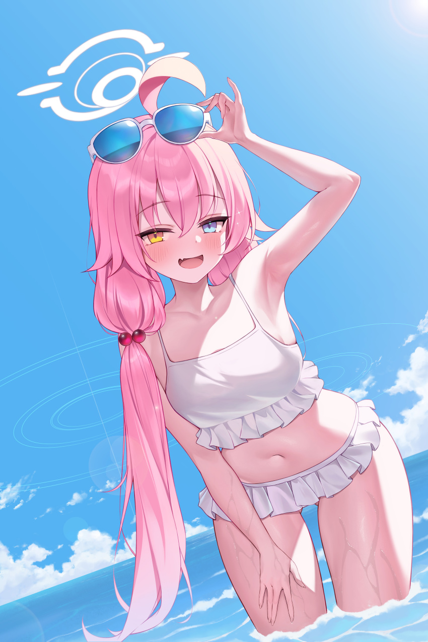 1girl absurdres ahoge ass_visible_through_thighs bare_arms bare_legs bare_shoulders bikini blue_archive blue_eyes blush cowboy_shot day eyewear_on_head fang frilled_bikini frills hair_between_eyes halo heterochromia highres hoshino_(blue_archive) hoshino_(swimsuit)_(blue_archive) iamahri1994 long_hair looking_at_viewer official_alternate_costume open_mouth outdoors pink_hair skin_fang smile solo swimsuit water wet white_bikini yellow_eyes