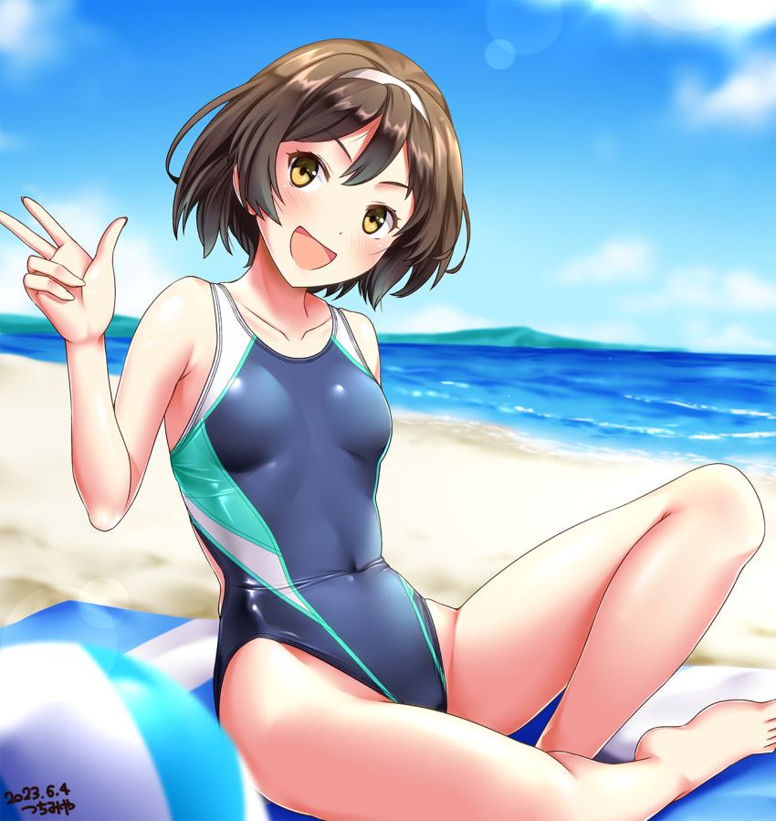 1girl artist_name ball beach beachball blue_one-piece_swimsuit blue_sky breasts brown_hair cloud cloudy_sky collarbone competition_swimsuit covered_navel dated day forest hair_between_eyes hairband highleg highleg_swimsuit highres horizon island kantai_collection looking_at_viewer nature navel ocean one-piece_swimsuit open_mouth outdoors sand short_hair sky small_breasts smile solo sunlight swimsuit tanikaze_(kancolle) towel tree tsuchimiya v water white_hairband