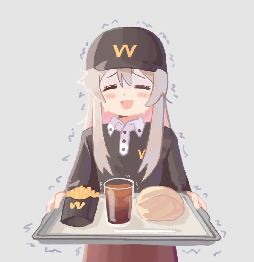 1girl ^_^ alternate_costume black_headwear black_shirt blush_stickers brown_skirt closed_eyes commentary cup dot_nose drinking_glass facing_viewer food french_fries grey_background grey_hair gustavo_schuler hair_between_eyes highres holding holding_tray long_hair long_sleeves nervous onii-chan_wa_oshimai! oyama_mahiro shirt sidelocks simple_background skirt solo sweat sweating_profusely tray trembling upper_body wcdonalds