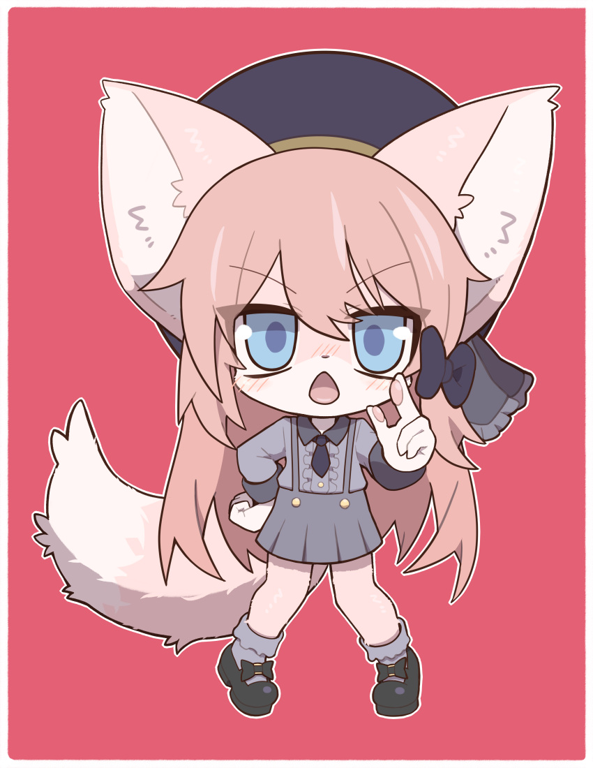 1girl abyssaullllfish animal_ears black_footwear black_ribbon blue_eyes fox fox_ears fox_girl fox_tail highres open_mouth original pink_hair ribbon school_uniform tail tsundere