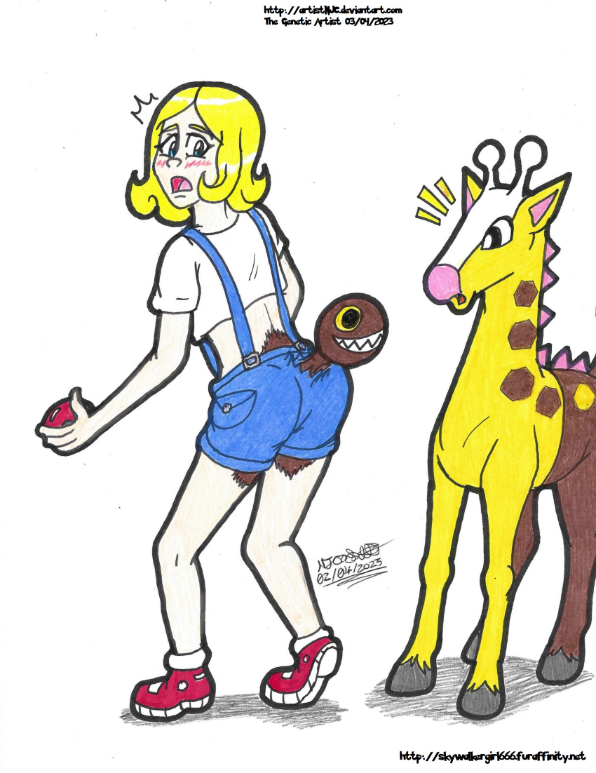 absurd_res artistnjc blonde_hair clothing colored duo female feral game_freak generation_2_pokemon girafarig giraffe giraffid growth hair hi_res human human_to_feral male mammal nintendo open_mouth pokemon pokemon_(species) shocked_expression signature simple_background species_transformation tail_growth toothy_grin traditional_media_(artwork) transformation white_background