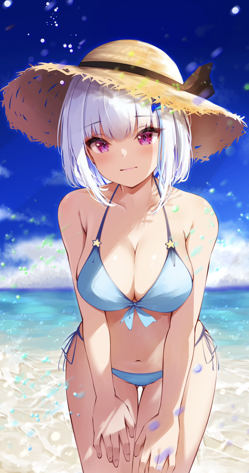 1girl absurdres alternate_hairstyle beach bikini blue_bikini blue_hair blunt_bangs breasts closed_mouth front-tie_bikini_top front-tie_top hat highres large_breasts leaning_forward lize_helesta looking_at_viewer multicolored_hair nagori0127 nijisanji purple_eyes short_hair side-tie_bikini_bottom sky solo star_(symbol) straw_hat swimsuit two-tone_hair virtual_youtuber water white_hair