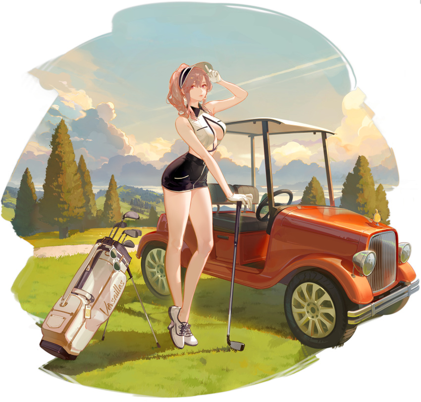 1girl arm_up ask_(askzy) azur_lane bare_shoulders black_headwear breasts brown_hair cleavage clemenceau_(azur_lane) clemenceau_(splendid_breeze)_(azur_lane) cloud cloudy_sky contrail gloves golf_cart golf_club highres landscape large_breasts looking_at_viewer motor_vehicle navel official_alternate_costume official_art red_eyes shirt sky steering_wheel underboob white_gloves white_shirt