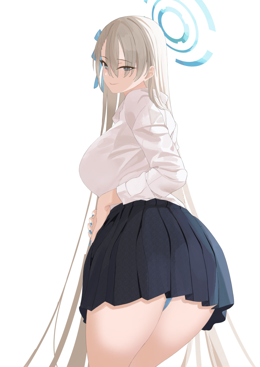 1girl absurdres ass asuna_(blue_archive) black_skirt blue_archive blue_nails blue_panties breasts closed_mouth from_behind grey_hair hair_ornament halo highres large_breasts long_hair long_sleeves looking_at_viewer looking_back nail_polish panties pleated_skirt shirt simple_background skirt smile thighs tnr_(horiko1525) underwear white_background white_shirt