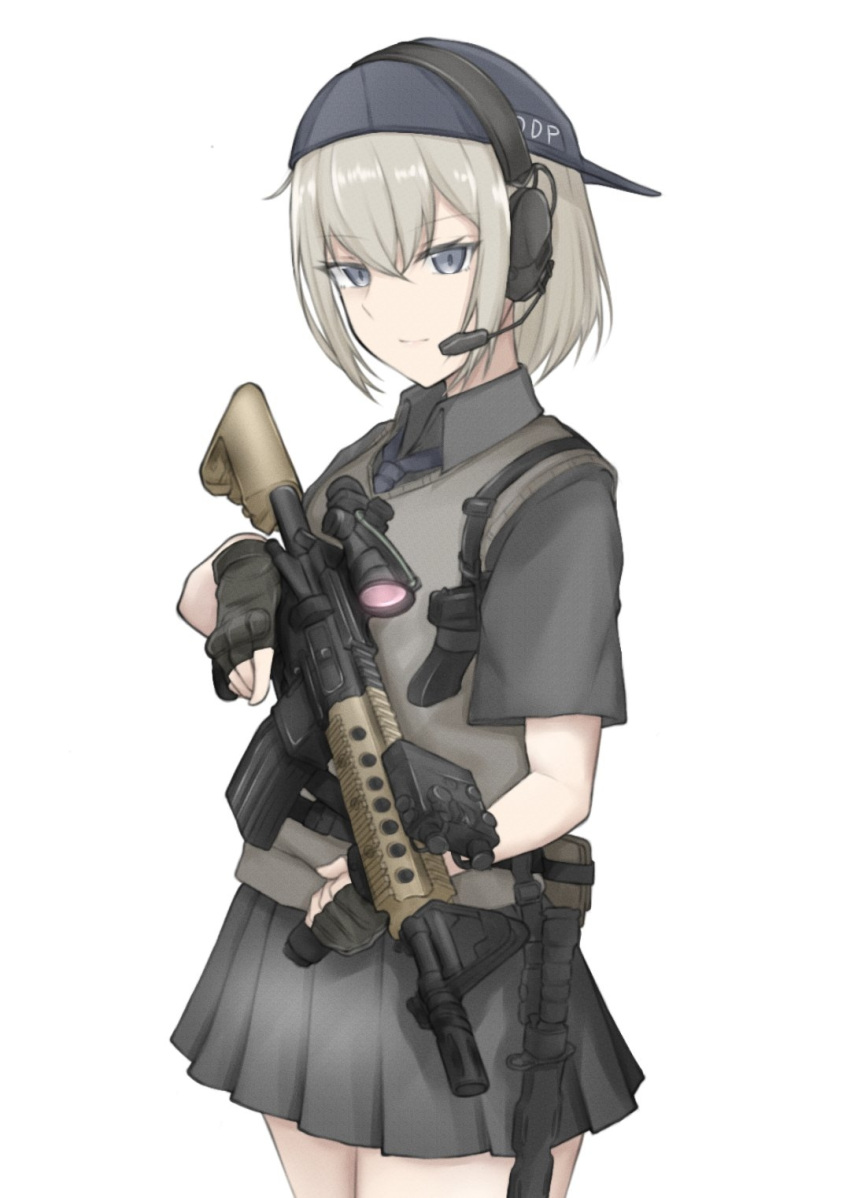 1girl baseball_cap black_gloves closed_mouth dagger fingerless_gloves gloves grey_eyes grey_hair grey_necktie grey_shirt grey_skirt grey_vest gun hat headphones highres holding holding_gun holding_weapon knife m4_sopmod_ii necktie original sheath sheathed shirt short_hair short_sleeves shsuta_0013 simple_background skirt smile solo trigger_discipline vest weapon white_background