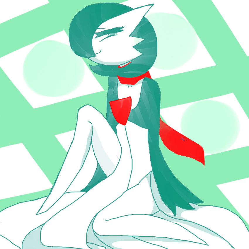 2023 3_fingers featureless_feet female fingers gardevoir generation_3_pokemon green_hair hair hair_over_eye hi_res humanoid looking_at_viewer nintendo not_furry one_eye_obstructed pokemon pokemon_(species) renv scarf sitting smile smirk solo