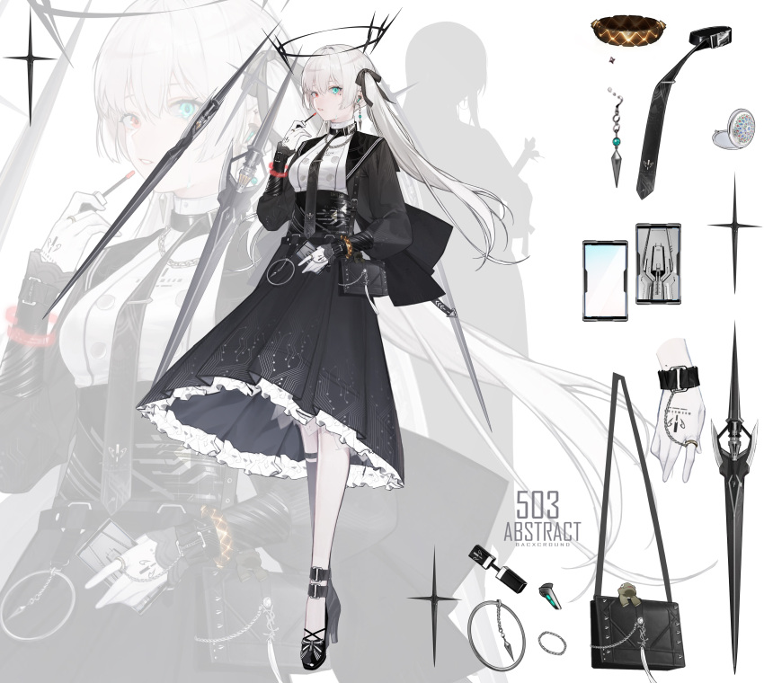 1girl absurdres alternate_costume amphycion ankle_belt applying_makeup aqua_eyes asymmetrical_legwear bag belt_collar black_bag black_footwear black_halo black_jacket black_ribbon black_skirt black_socks bracelet breasts cellphone chain_necklace chinese_commentary collar colored_tears commentary concept_art cosmetics crossed_legs crying dangle_earrings earpiece earrings floating floating_object floating_weapon frilled_skirt frills full_body gloves hair_ribbon halo hand_mirror handbag heterochromia high_heels highres holding holding_lipstick_tube holding_phone jacket jewelry kneehighs lipgloss lipstick_tube long_hair looking_at_viewer luna_(punishing:_gray_raven) medium_breasts medium_skirt mirror mismatched_legwear necklace open_clothes open_jacket phone punishing:_gray_raven red_eyes ribbon ring shirt single_earring single_sock skirt smartphone smartphone_case socks streaming_tears sword tears tie_clip two_side_up watson_cross weapon white_gloves white_hair white_shirt wrist_belt zoom_layer