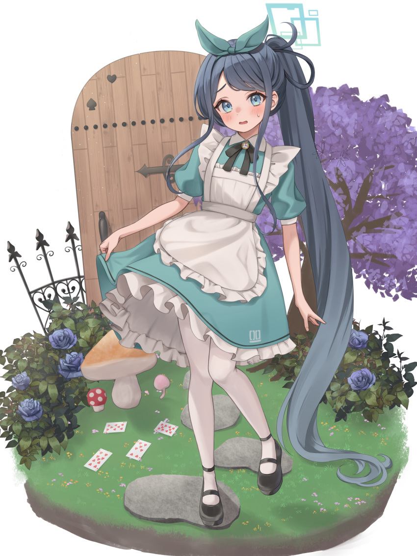 1girl absurdly_long_hair absurdres alice_(alice_in_wonderland) alice_(alice_in_wonderland)_(cosplay) alice_in_wonderland apron aris_(blue_archive) black_footwear black_ribbon blue_archive blue_bow blue_dress blue_eyes blue_flower blue_hair blue_halo blue_rose blush bow bush card cosplay dark_blue_hair door dress faux_figurine flower hair_bow halo hanazawa_ma heart highres long_hair looking_at_viewer mary_janes mushroom neck_ribbon pantyhose parted_lips playing_card ponytail puffy_short_sleeves puffy_sleeves ribbon rose shoes short_sleeves simple_background solo spade_(shape) standing standing_on_one_leg sweatdrop tree very_long_hair white_apron white_background white_pantyhose