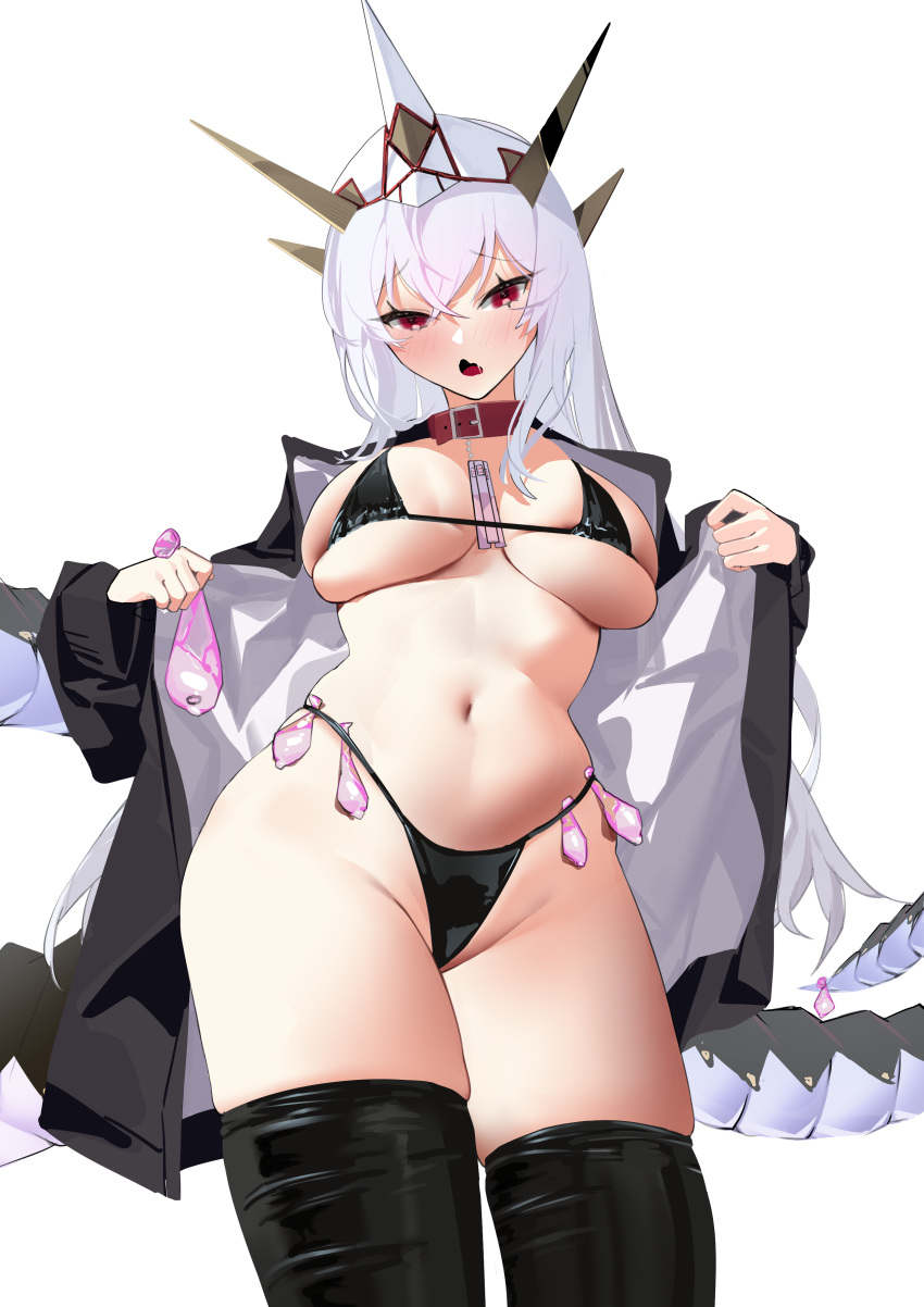 1girl absurdres bikini black_bikini black_jacket black_thighhighs blush breasts collar condom condom_belt cum cyber_dragon_infinity dragon_tail duel_monster groin highres holding holding_condom horns jacket large_breasts mechanical_horns micro_bikini open_clothes open_jacket open_mouth personification raywallin red_collar red_eyes skindentation solo swimsuit tail thighhighs used_condom white_hair yu-gi-oh!