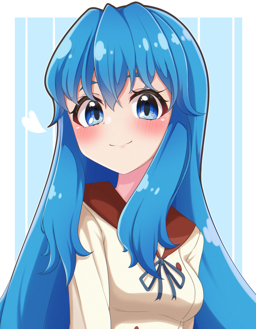 1girl absurdres blue_eyes blue_hair blue_ribbon blush closed_mouth collared_dress dress happinesscharge_precure! heart highres long_hair looking_at_viewer mujin_(mujinzairaisen) neck_ribbon pikarigaoka_middle_school_uniform portrait precure ribbon school_uniform shirayuki_hime smile solo white_dress