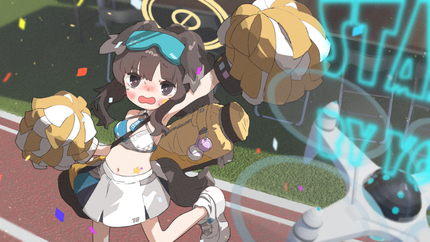1girl :o amonitto animal_ears armpits black_hair blue_archive blurry blush breasts cheerleader cleavage commentary_request confetti depth_of_field dog_ears dog_girl dog_tail drone eyewear_on_head facial_tattoo golf_bag grey_eyes hair_between_eyes halo hibiki_(blue_archive) hibiki_(cheerleader)_(blue_archive) highres long_hair looking_at_viewer navel nervous official_alternate_costume outdoors pleated_skirt ponytail running_track shoes sidelocks skirt sleeveless sneakers solo standing standing_on_one_leg star_tattoo stomach stomach_tattoo sunglasses sweatdrop tail tattoo
