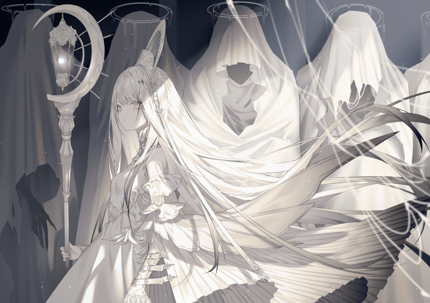 1girl 5others absurdres arm_strap arms_at_sides blunt_bangs breasts cloak detached_sleeves dress from_side gradient_hair grey_hair halo headdress highres hime_cut holding holding_staff hood hooded_cloak kotarou_(kot_mochi) layered_dress long_hair looking_at_viewer looking_to_the_side medium_breasts melting_halo multicolored_hair multiple_others original sidelocks sideways_glance staff very_long_hair white_cloak white_dress white_eyes white_hair white_theme