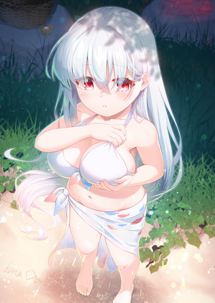 1girl adjusting_clothes artist_name bare_arms bare_shoulders barefoot bikini blurry blurry_background breast_lift breasts cleavage closed_mouth expressionless floating_hair from_above front-tie_bikini_top front-tie_top grass hair_between_eyes hands_up highres kana_ami large_breasts light_blush long_hair looking_down navel original outdoors print_sarong red_eyes sarong shade standing swimsuit very_long_hair white_bikini white_hair white_sarong