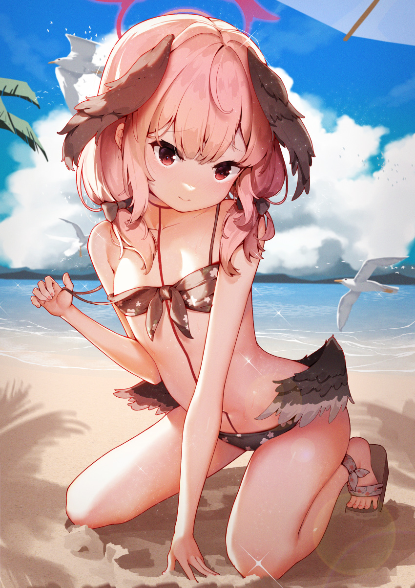 1girl absurdres ankle_ribbon beach bikini bird black_bikini black_bow black_wings blue_archive bow breasts closed_mouth feathered_wings floral_print front-tie_bikini_top front-tie_top hair_bow hair_over_shoulder halo head_wings highres koharu_(blue_archive) koharu_(swimsuit)_(blue_archive) leg_ribbon long_hair looking_at_viewer low_twintails low_wings navel ocean official_alternate_costume pink_hair print_bikini red_eyes red_halo ribbon sandals seiza sitting small_breasts solo spaghetti_strap strap_slip swimsuit tiptoes toes twintails white_ribbon wings wzwj4738