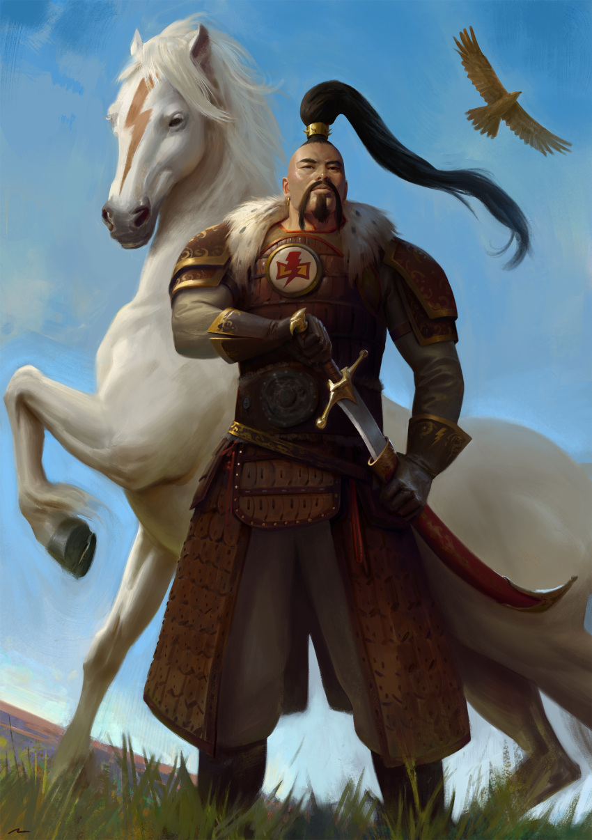 1boy absurdres armor beard bird bird_of_prey black_hair blue_sky commentary english_commentary facial_hair fur_trim grass hawk highres holding holding_sword holding_weapon horse jaghatai_khan leather_armor lightning_bolt_symbol long_hair male_focus official_art oruam outdoors photoshop_(medium) primarch scabbard sheath sky straight-on sword topknot warhammer_40k weapon white_horse white_scars