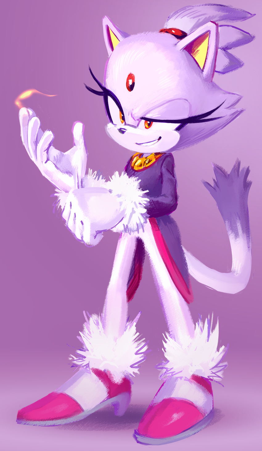 1girl absurdres animal_ears blaze_the_cat cat_ears cat_tail eyelashes fire forehead_jewel full_body furry furry_female gloves high_heels highres knockabiller purple_background pyrokinesis smile solo sonic_(series) standing tail white_gloves yellow_eyes