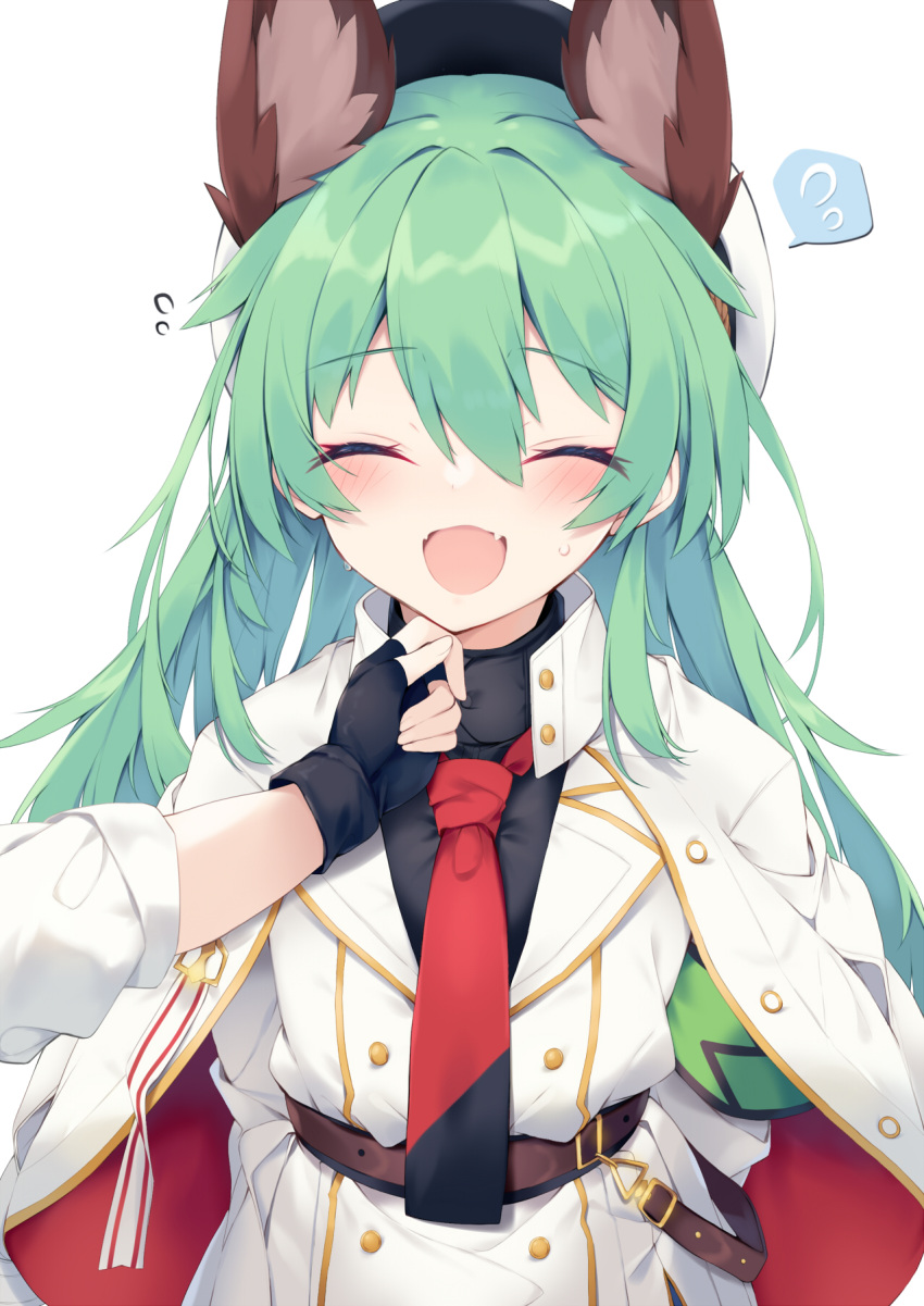 1girl 1other :d ^_^ animal_ear_fluff animal_ears belt black_gloves black_shirt blush brown_belt closed_eyes commentary_request facing_viewer fang fingerless_gloves flying_sweatdrops gloves green_hair hair_between_eyes highres jacket jacket_on_shoulders long_hair long_sleeves necktie nibiiro_shizuka original out_of_frame puffy_long_sleeves puffy_sleeves red_necktie shirt simple_background smile solo_focus spoken_flying_sweatdrops very_long_hair white_background white_headwear white_jacket