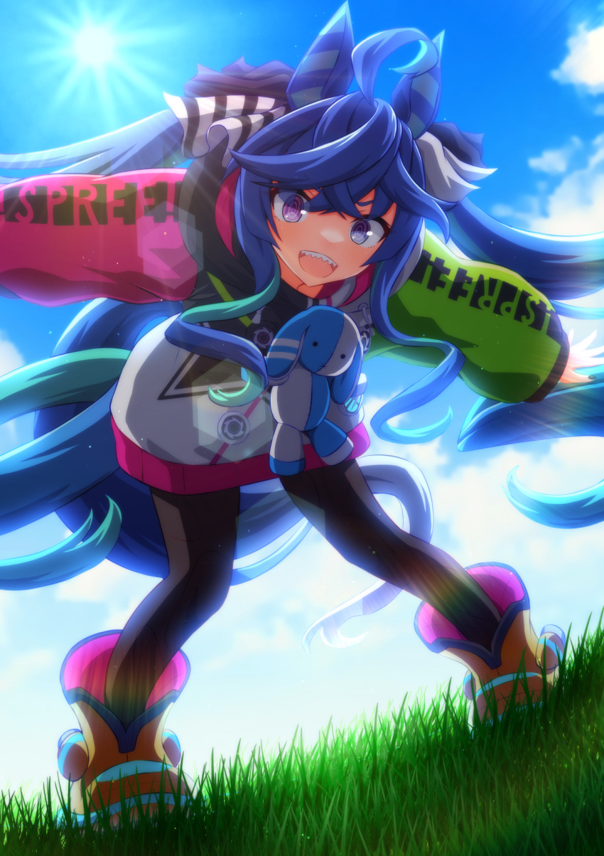 1girl :d ahoge animal_ears ankle_boots aqua_hair backlighting bangs black_bodysuit black_ribbon blue_eyes blue_hair blue_sky bodysuit boots clothes_writing cloud cloudy_sky day grass hair_ribbon heterochromia highres horse_ears horse_girl horse_tail kei_fukamiki leaning_forward lens_flare long_hair long_sleeves looking_at_viewer multicolored_coat open_mouth outdoors outstretched_arms purple_eyes ribbon sharp_teeth sidelocks sky smile solo spread_arms standing stuffed_animal stuffed_rabbit stuffed_toy sun sunlight tail teeth twin_turbo_(umamusume) twintails umamusume very_long_hair yellow_footwear