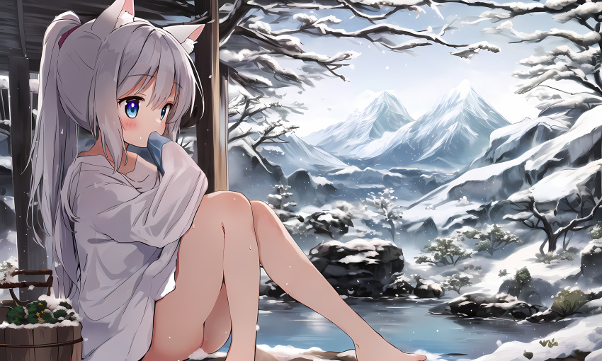 1girl ai-generated animal_ears auto_ins barefoot blue_eyes bucket cat_ears covered_mouth grey_hair highres lake long_hair long_sleeves looking_to_the_side mountain no_pants original ponytail shirt sitting snow tree white_shirt wooden_bucket