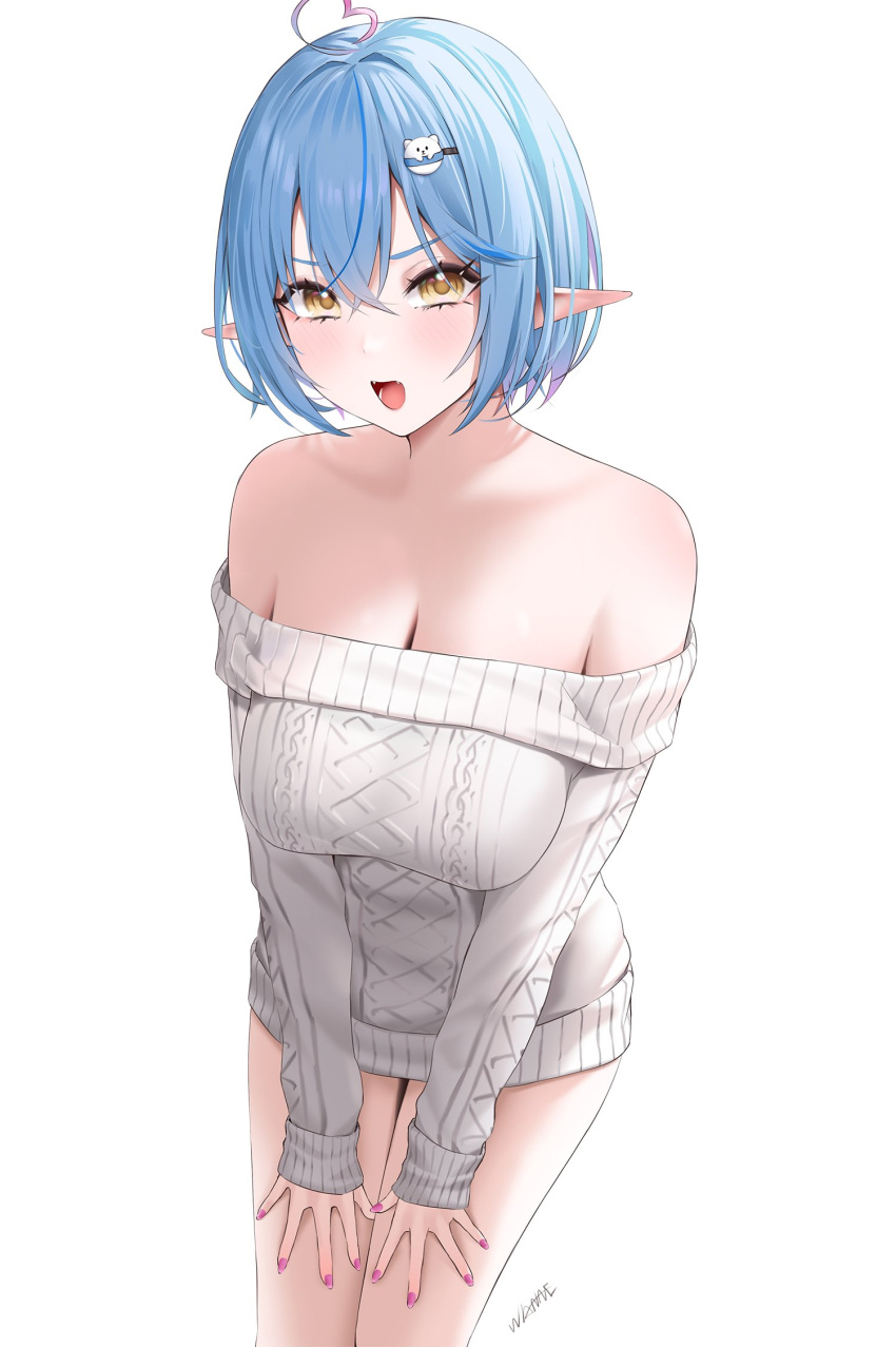 ahoge bare_shoulders blue_hair blush breasts cleavage collarbone elf grey_background hair_between_eyes hair_ornament hairclip heart heart_ahoge highres hololive hololive_english large_breasts medium_hair off-shoulder_sweater off_shoulder open_mouth pink_nails pointy_ears signature simple_background sweater virtual_youtuber wanne yellow_eyes yukihana_lamy