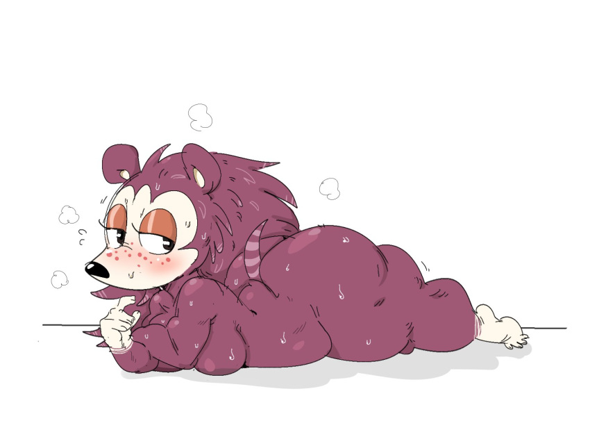 2023 animal_crossing anthro bodily_fluids eulipotyphlan female freckles freckles_on_face hedgehog lying mammal mhdrawin nintendo on_front overweight overweight_anthro overweight_female sable_able simple_background solo sweat white_background