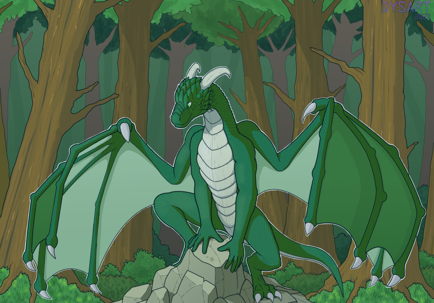 2023 5_fingers absurd_res cel_shading claws day digital_media_(artwork) dragon dysart feral fingers forest forest_background green_body green_dragon green_eyes green_scales greeny_(odisaodi) hi_res horn light looking_at_another male membrane_(anatomy) membranous_wings nature nature_background nude open_wings outside perching plant scales scalie shaded shrub slim slim_male smile solo solo_focus spread_legs spread_wings spreading sunlight tail toe_claws tree western_dragon wings