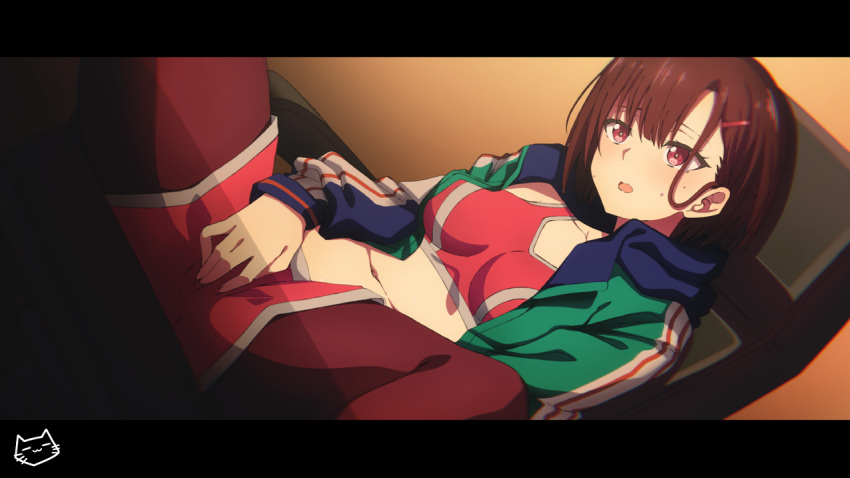 1girl anime_coloring blue_jacket breasts chair collared_jacket double_vertical_stripe dutch_angle female_masturbation gaming_chair green_jacket hair_behind_ear hair_ornament hairclip indoors jacket keihh leggings leggings_under_shorts letterboxed long_sleeves looking_down masturbation masturbation_through_clothes medium_breasts midriff mikazuki_shizuka multicolored_clothes multicolored_jacket navel open_clothes open_jacket open_mouth paid_reward_available pink_shorts pink_sports_bra purple_eyes purple_hair purple_leggings shade short_hair shorts sitting solo sports_bra sportswear spread_legs sweatdrop swivel_chair track_jacket zom_100:_zombie_ni_naru_made_ni_shitai_100_no_koto