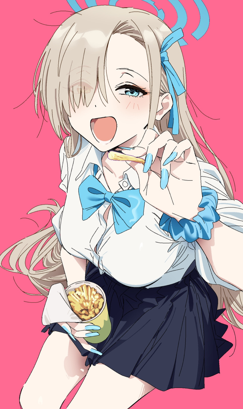 1girl aqua_eyes asuna_(blue_archive) asymmetrical_bangs asymmetrical_hair black_skirt blonde_hair blue_archive blue_bow blue_bowtie blue_nails bow bowtie breasts cropped_arms cropped_legs fingernails food hair_over_one_eye halo highres holding holding_food incoming_food kerorira large_breasts long_fingernails long_hair looking_at_viewer open_mouth pink_background pleated_skirt shirt sitting skirt very_long_hair white_shirt wrist_cuffs