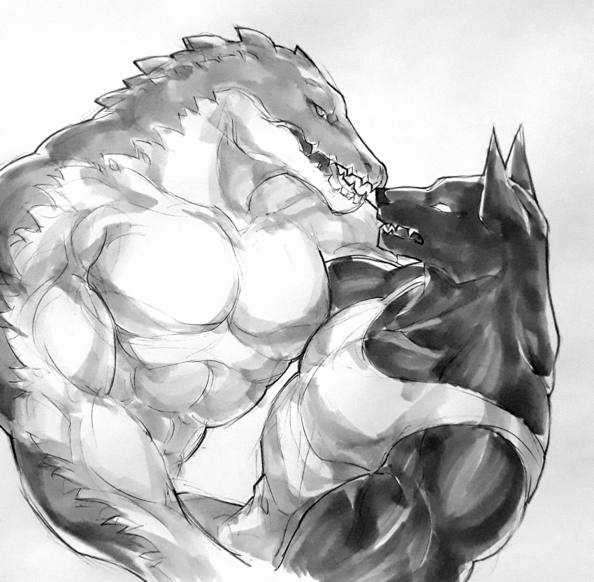 abs anthro anubian_jackal biceps canid canine canis clothed clothing crocodile crocodilian crocodylid duo etricronald fur hi_res humanoid incest_(lore) jackal league_of_legends looking_at_another male male/male mammal muscular muscular_anthro muscular_male nasus_(lol) open_mouth pecs renekton reptile riot_games scales scalie sibling_(lore) simple_background teeth topwear white_background