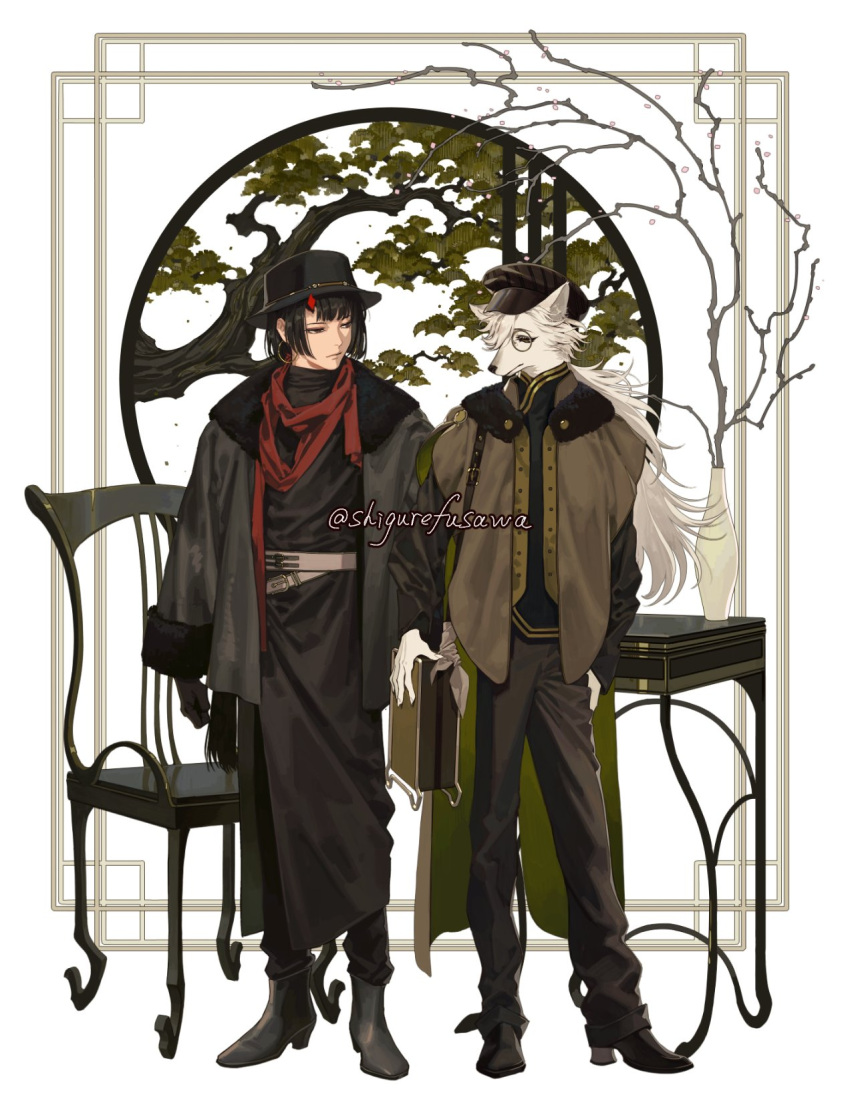 2boys animal_ears artist_name bag bishounen black_coat black_eyes black_footwear black_gloves black_hair black_headwear black_pants boots cabbie_hat chair chinese_clothes claws closed_mouth coat earrings full_body fur-trimmed_coat fur_trim furry furry_male glasses gloves hat highres hoop_earrings horns jewelry kinsatsu_(grizzled) leaf long_hair long_sleeves looking_at_another male_focus multiple_boys original pants plant potted_plant red_horns red_scarf round_eyewear scarf short_hair_with_long_locks shoulder_bag single_horn standing table tree very_long_hair white_hair wolf_boy wolf_ears