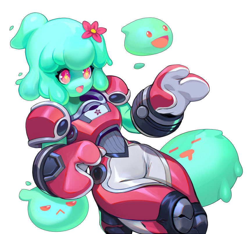 1girl absurdres armor artist_request flower gloves hair_flower hair_ornament highres juno_(omega_strikers) knee_pads knees_up medium_hair monster_girl official_art omega_strikers open_mouth pauldrons pink_eyes short_ponytail shoulder_armor sleepy slime_(creature) slime_girl solo unamused yellow_pupils