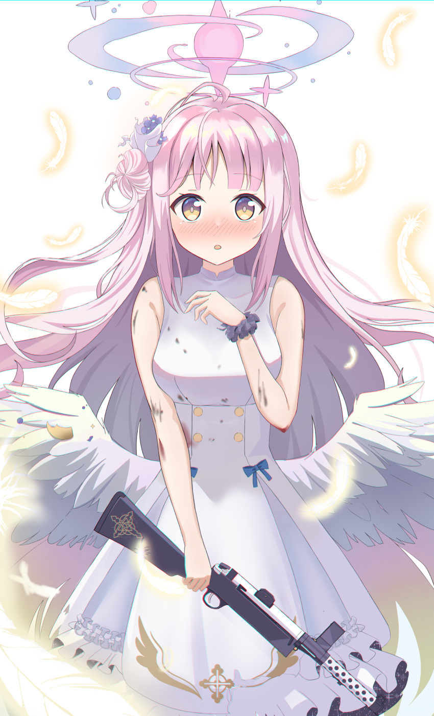 1girl absurdres angel_wings blue_archive blunt_bangs commentary_request dress efu_(ehutan) falling_feathers feathered_wings feathers flower gun hair_bun hair_flower hair_ornament hair_scrunchie halo highres holding holding_gun holding_weapon lanchester_smg long_hair looking_at_viewer mika_(blue_archive) one_side_up parted_lips pink_hair school_uniform scrunchie sidelocks simple_background single_side_bun sleeveless sleeveless_dress solo submachine_gun surprised turtleneck_dress weapon white_background white_dress white_feathers white_wings wings yellow_eyes