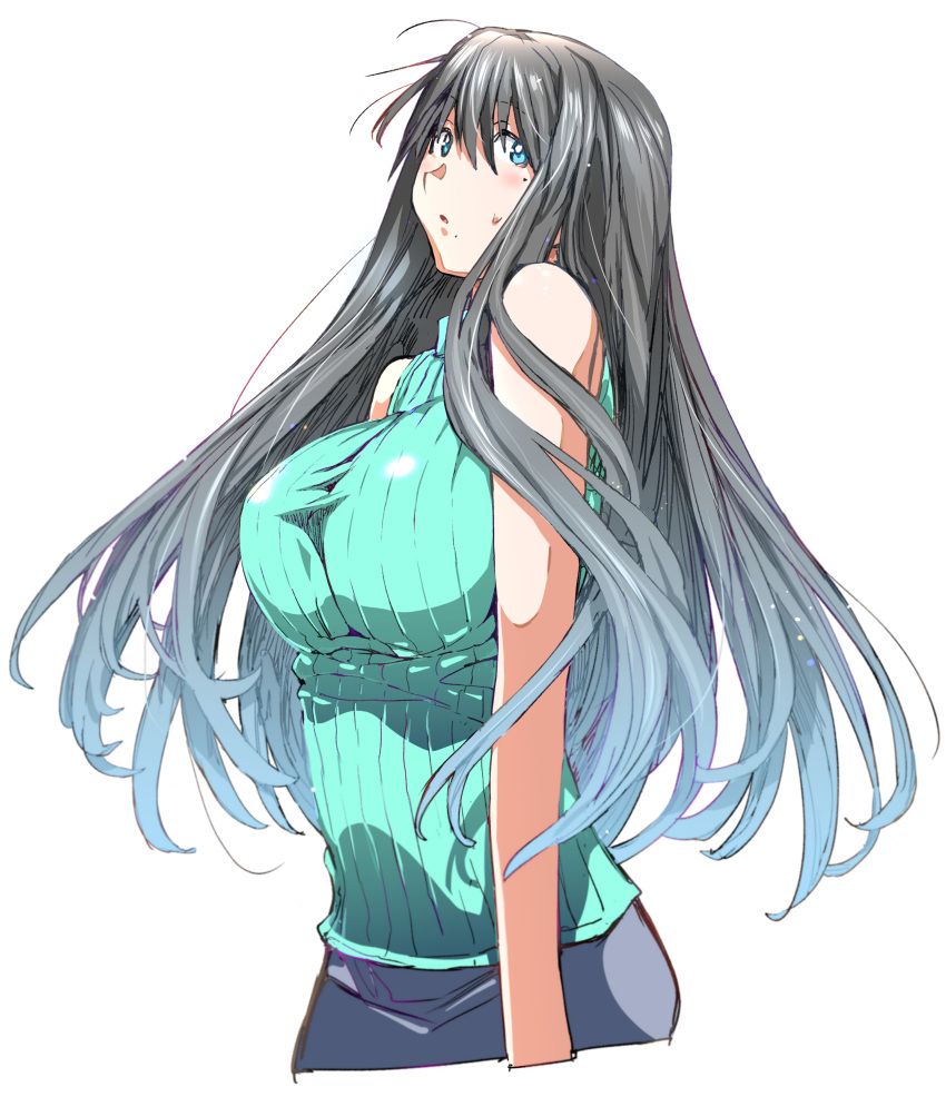 1girl absurdres black_hair blue_eyes blush breasts commentary_request denim embarrassed fujoshi genshiken highres jeans kio_shimoku large_breasts long_hair looking_at_viewer mole official_art official_style ohno_kanako otaku pants promotional_art sweat white_background