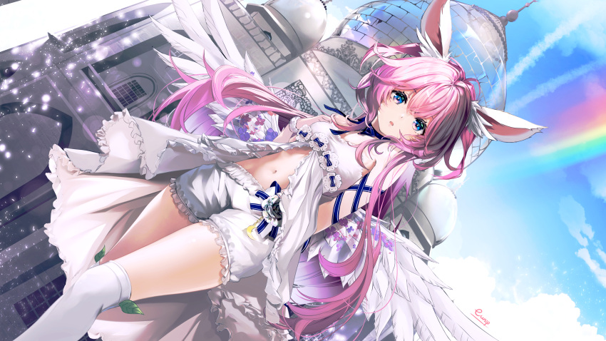 1girl absurdres animal_ear_fluff animal_ears arm_behind_back arm_ribbon artist_name blue_eyes blue_ribbon building castle commission crossed_bangs dutch_angle eunip feet_out_of_frame flower frilled_negligee frilled_shorts frills highres leaf long_hair looking_at_viewer midriff navel original outdoors parted_lips pink_hair rainbow ribbon shorts signature sky solo standing thighhighs white_negligee white_shorts white_thighhighs white_wings wings