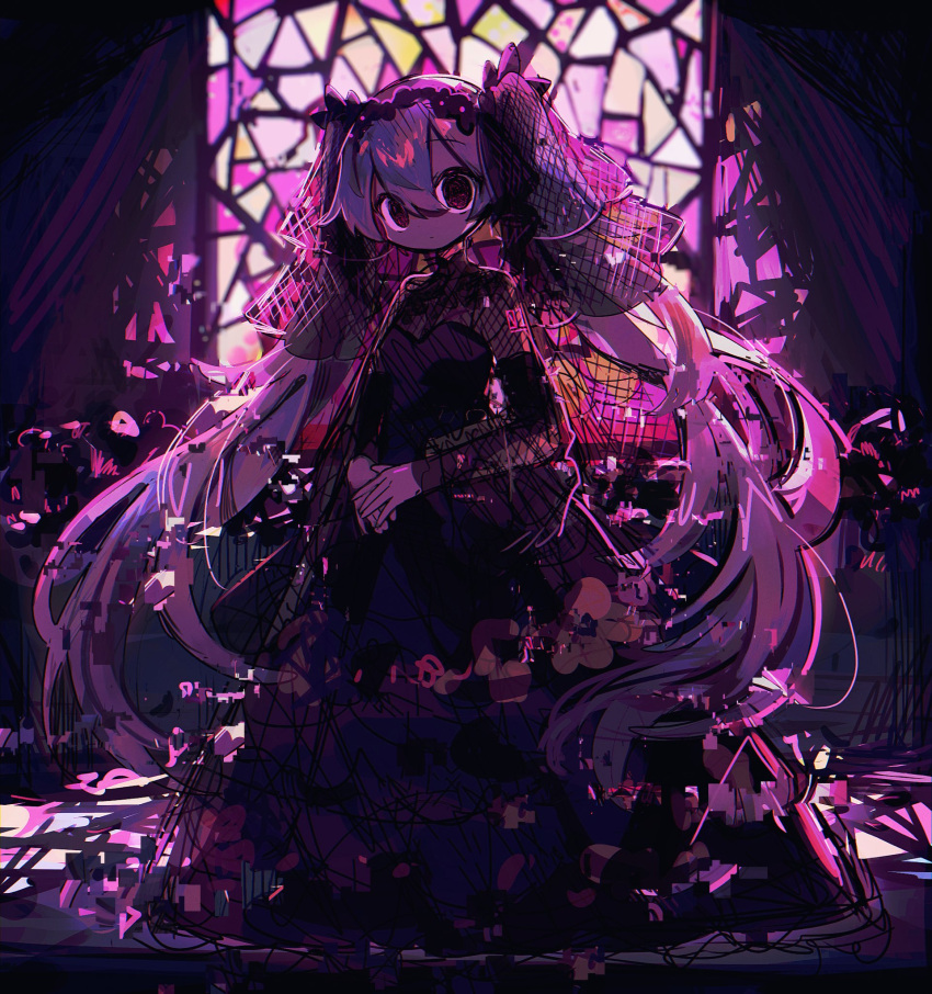 1girl backlighting black_dress closed_mouth detached_sleeves dilated_pupils dress expressionless full_body glitch hair_between_eyes hatsune_miku highres long_hair looking_at_viewer own_hands_together purple_theme red_eyes sketch solo stained_glass standing strapless strapless_dress twintails uenomigi veil very_long_hair vocaloid window window_shade
