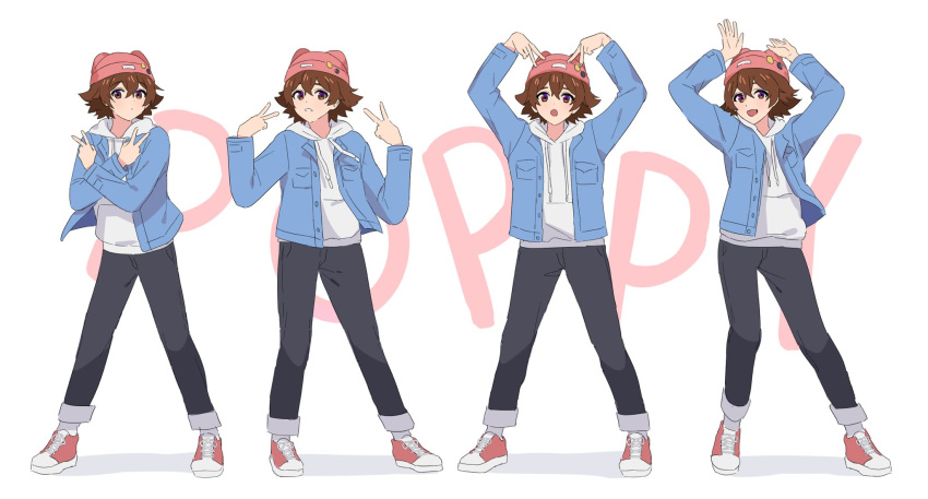 1boy :d :o alternate_costume arms_up beanie black_pants blue_jacket brown_eyes brown_hair closed_mouth commentary double_v hat highres hilbert_(pokemon) hood hoodie jacket long_sleeves male_focus multiple_views open_clothes open_jacket p_(flavorppp) pants pink_headwear pokemon pokemon_(game) pokemon_bw red_footwear shoes short_hair smile sneakers socks standing symbol-only_commentary tassel v white_background white_hoodie