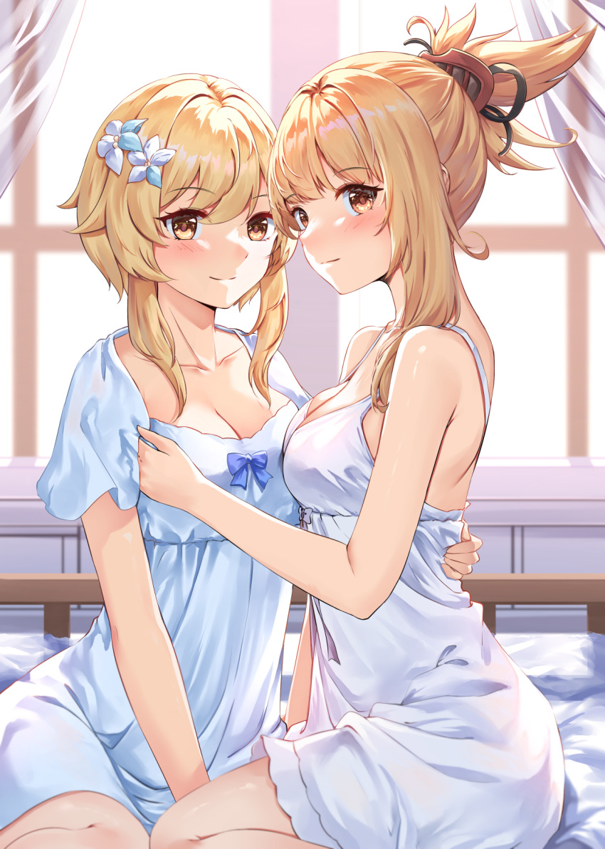 2girls bare_arms bare_shoulders bed_sheet blonde_hair blue_bow blue_dress blush bow breasts brown_eyes chahei cleavage closed_mouth commentary_request curtains dress flower genshin_impact hair_flower hair_ornament highres indoors lumine_(genshin_impact) medium_breasts multiple_girls ponytail short_sleeves sidelocks sleeveless sleeveless_dress smile white_dress white_flower window yoimiya_(genshin_impact)