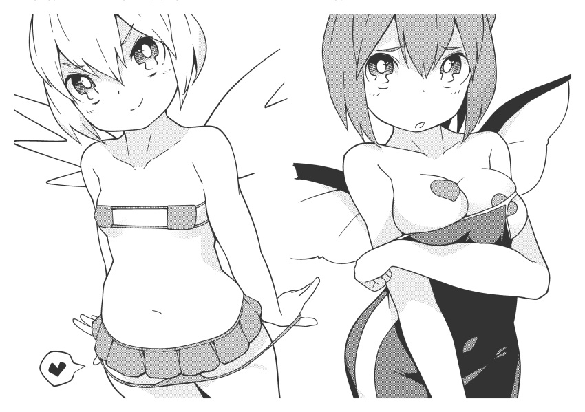 2girls bikini bikini_bottom_pull bodysuit breasts cirno commentary_request covered_nipples daiyousei eyepatch_bikini fairy_wings greyscale heart heart_pasties highres huxiao_(mistlakefront) ice ice_wings large_breasts micro_bikini microskirt monochrome multiple_girls one_breast_out pasties petite skirt small_breasts smile spoken_heart swimsuit touhou v-shaped_eyebrows wings