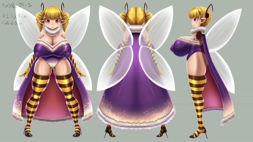 big_breasts big_butt blonde_hair breasts butt cleavage clothed clothing dress fairy female footwear gloves hair handwear hi_res huge_breasts humanoid_pointy_ears insect_wings legwear light_body light_skin nipple_outline pattern_clothing pattern_gloves pattern_handwear pattern_legwear purple_cape purple_clothing purple_dress red_eyes shoes side_boob striped_clothing striped_gloves striped_handwear striped_legwear stripes suzumiya11 wings