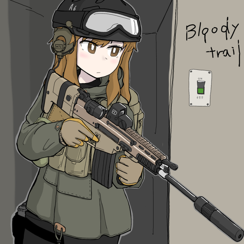 1girl ammunition_pouch assault_rifle black_headwear black_shirt bright_pupils brown_eyes brown_hair chest_rig closed_mouth combat_helmet commentary doorway english_commentary english_text eotech flip-up_sight fn_scar fn_scar_16 folding_stock foregrip gloves goggles goggles_on_headwear grey_gloves grey_jacket grey_pants gun headset helmet highres holding holding_gun holding_weapon hood hood_down hooded_jacket hybrid_sight indoors jacket light_switch long_hair long_sleeves looking_ahead optical_sight original pants pouch reflex_sight rifle rustybilge shirt suppressor trigger_discipline two-tone_gloves upper_body vertical_foregrip weapon white_pupils yellow_gloves
