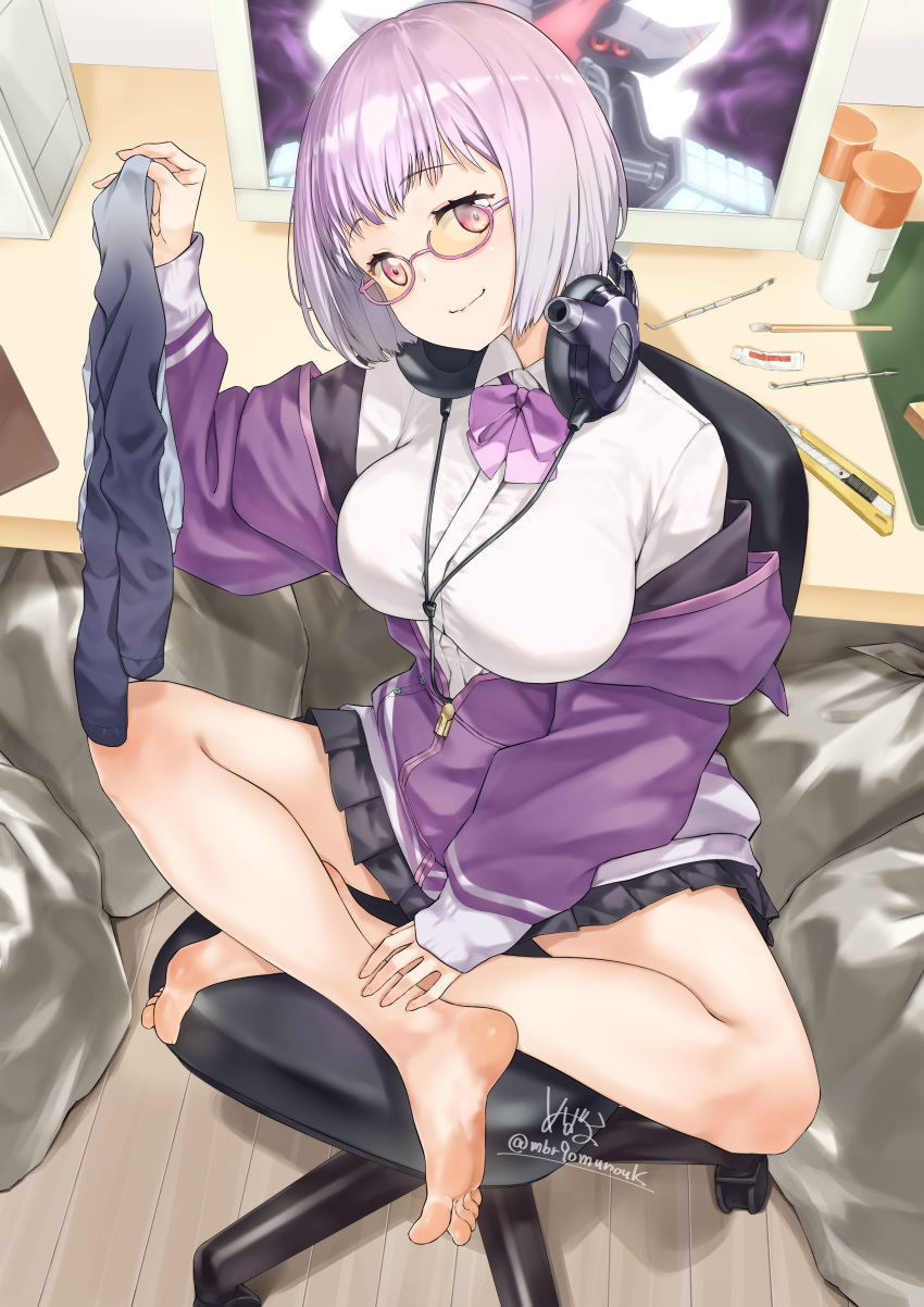 1girl absurdres bare_legs barefoot bow bowtie boxcutter cardigan chair feet gridman_universe headphones headphones_around_neck highres jacket looking_at_viewer mbr90munouk pink-framed_eyewear pink_hair purple_bow purple_bowtie purple_jacket shinjou_akane short_hair socks soles ssss.gridman toes trash_bag white_cardigan