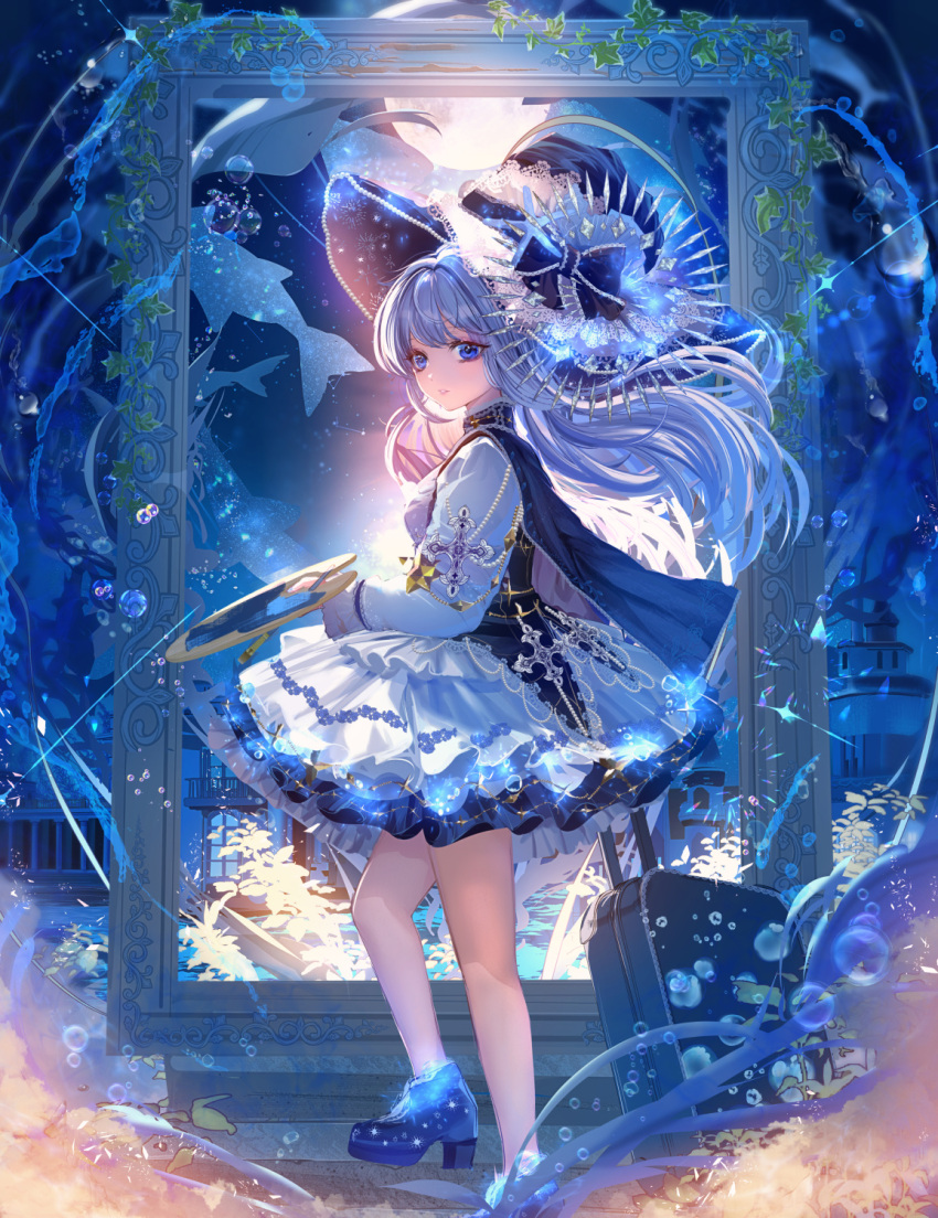 1girl bare_legs black_cape blue_eyes blue_footwear blue_headwear blue_theme blush boots cape dress frilled_dress frills from_side full_body glowing grey_hair hat high_heel_boots high_heels highres holding holding_palette holding_suitcase komorihikki light_particles long_bangs long_hair long_sleeves looking_at_viewer moon night night_sky original outdoors outside_border paintbrush palette_(object) parted_lips picture_frame sidelocks sky solo star_(sky) starry_sky suitcase white_dress witch witch_hat