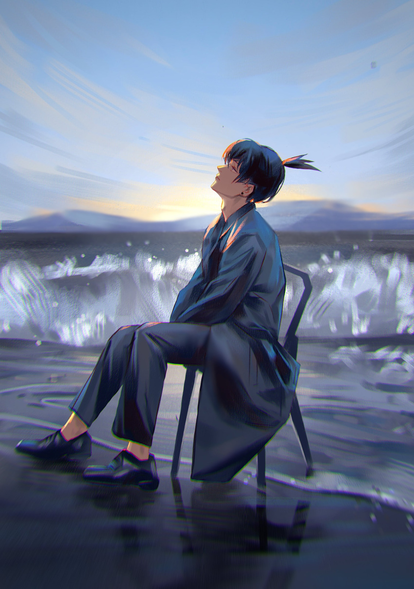 1boy absurdres beach black_coat black_footwear black_hair black_pants blue_sky chainsaw_man chromatic_aberration coat earrings hayakawa_aki highres jewelry kozzz_y looking_up pants short_hair sitting sky solo stud_earrings topknot