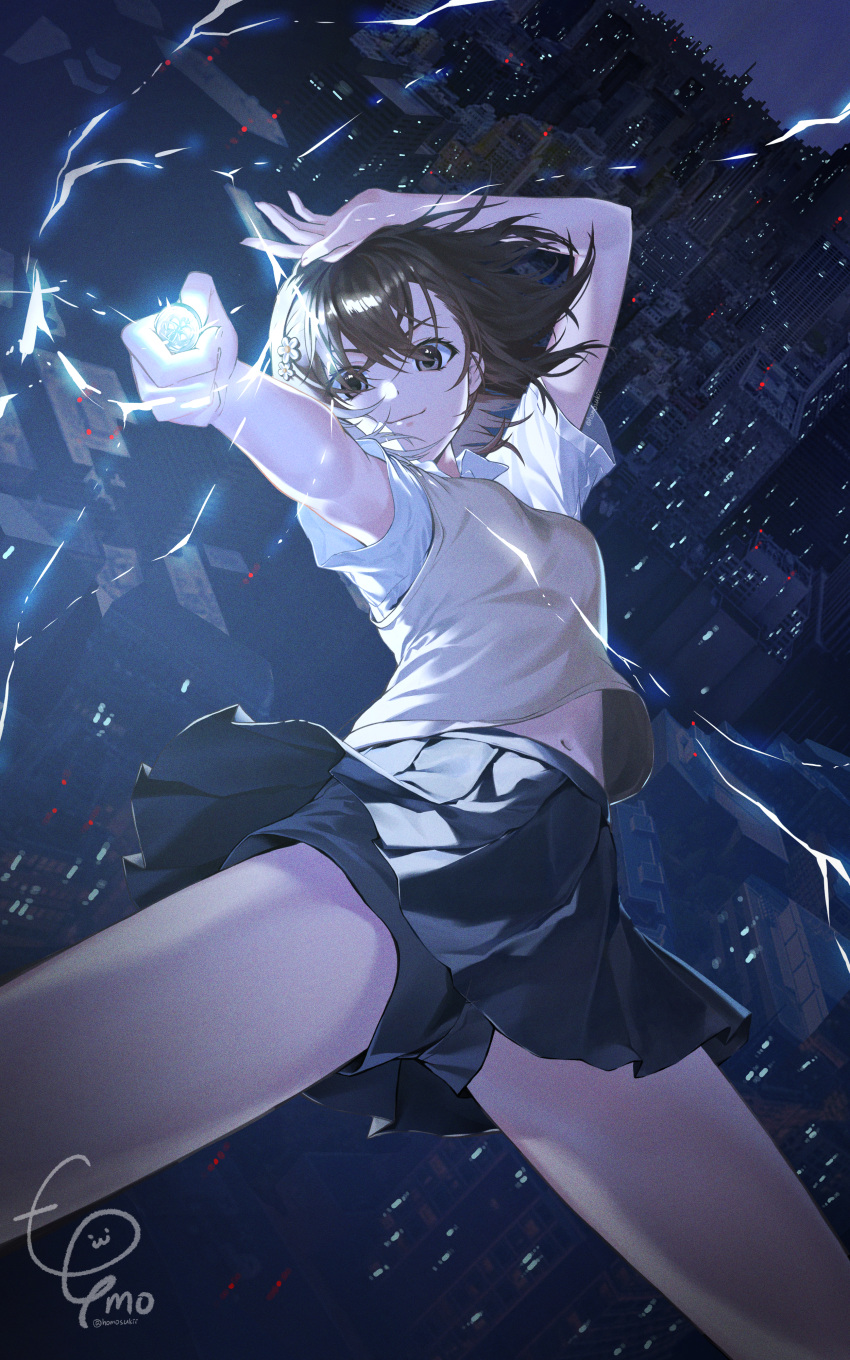 &gt;:) 1girl absurdres black_shorts black_skirt breasts brown_eyes brown_hair brown_sweater_vest cityscape coin collared_shirt commentary_request electricity electrokinesis from_below fumo_(homosukii) furrowed_brow groin hair_ornament hairclip highres holding holding_coin holding_weapon light_smile lightning looking_at_viewer midriff_peek miniskirt misaka_mikoto navel night outstretched_arm parted_bangs pleated_skirt psychic railgun school_uniform shirt short_hair short_sleeves shorts shorts_under_skirt signature skirt small_breasts solo summer_uniform sweater_vest thighs toaru_kagaku_no_railgun toaru_majutsu_no_index tokiwadai_school_uniform v-shaped_eyebrows weapon white_shirt wind wind_lift