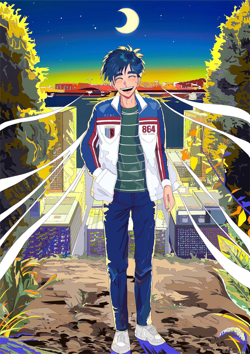 1boy absurdres black_hair blue_jacket blue_pants building cel_shading city closed_eyes commentary_request crescent_moon dirt full_body gradient_sky green_shirt hand_in_pocket highres jacket l00kin letterman_jacket long_sleeves male_focus medium_bangs moon night open_clothes open_jacket open_mouth pants shirt shoes short_hair sky smile sneakers solo standing star_(sky) starry_sky striped striped_jacket striped_shirt teeth tobaku_haouden_zero tongue tree ukai_zero upper_teeth_only white_footwear white_jacket